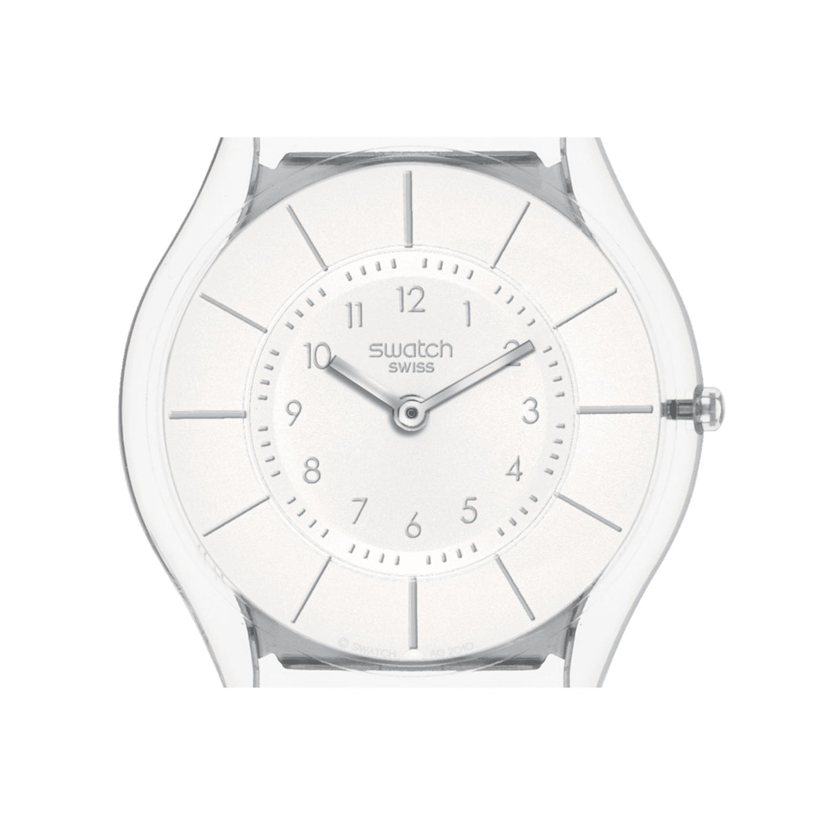 Close-up of white dial quartz watch with Swatch branding, hour markers, slim hands