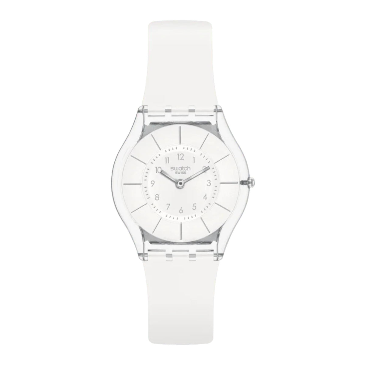 White silicone strap quartz watch, round silver case, white dial with hour markers and Swatch