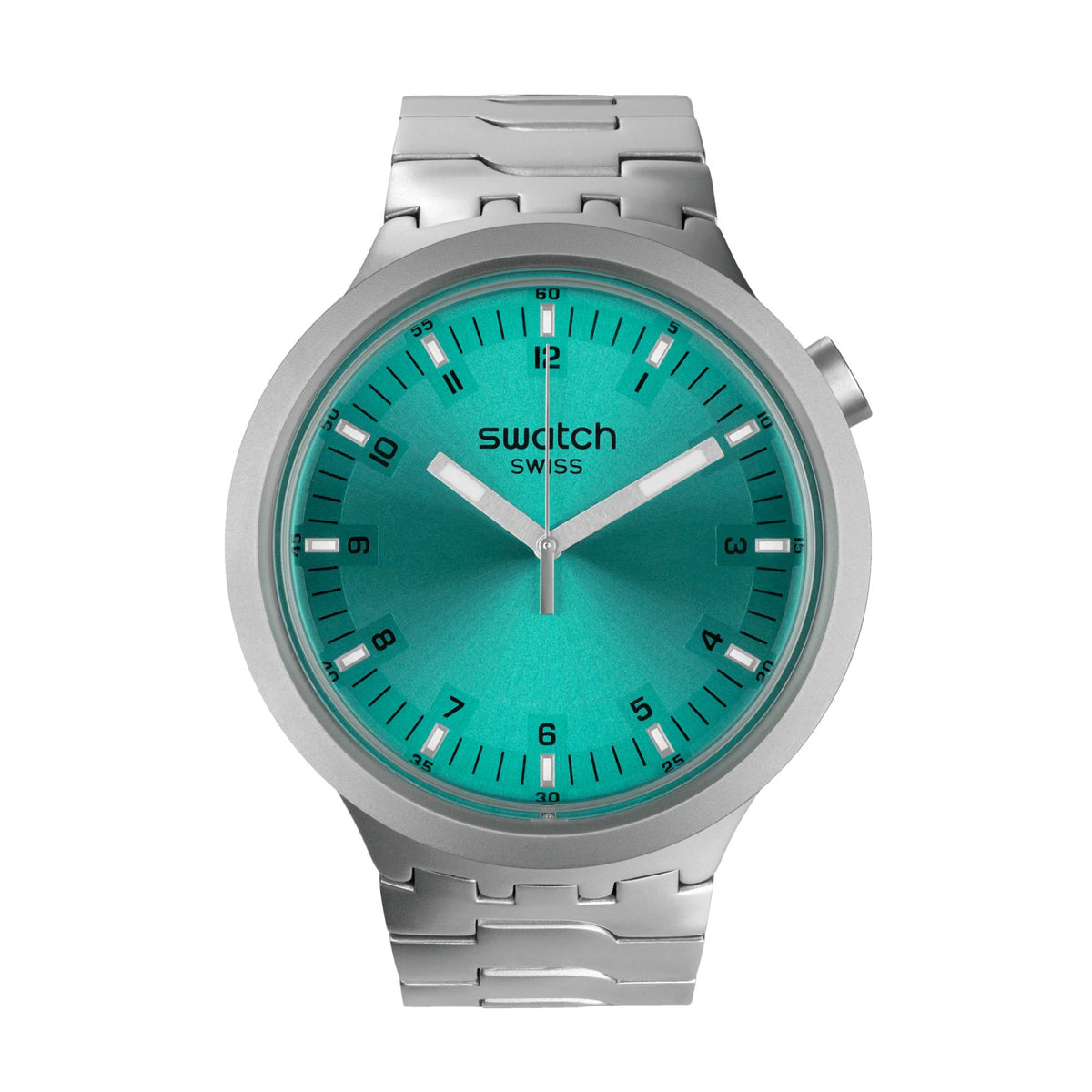 Unisex steel watch with teal-aqua dial, baton indices, and three-link metal strap