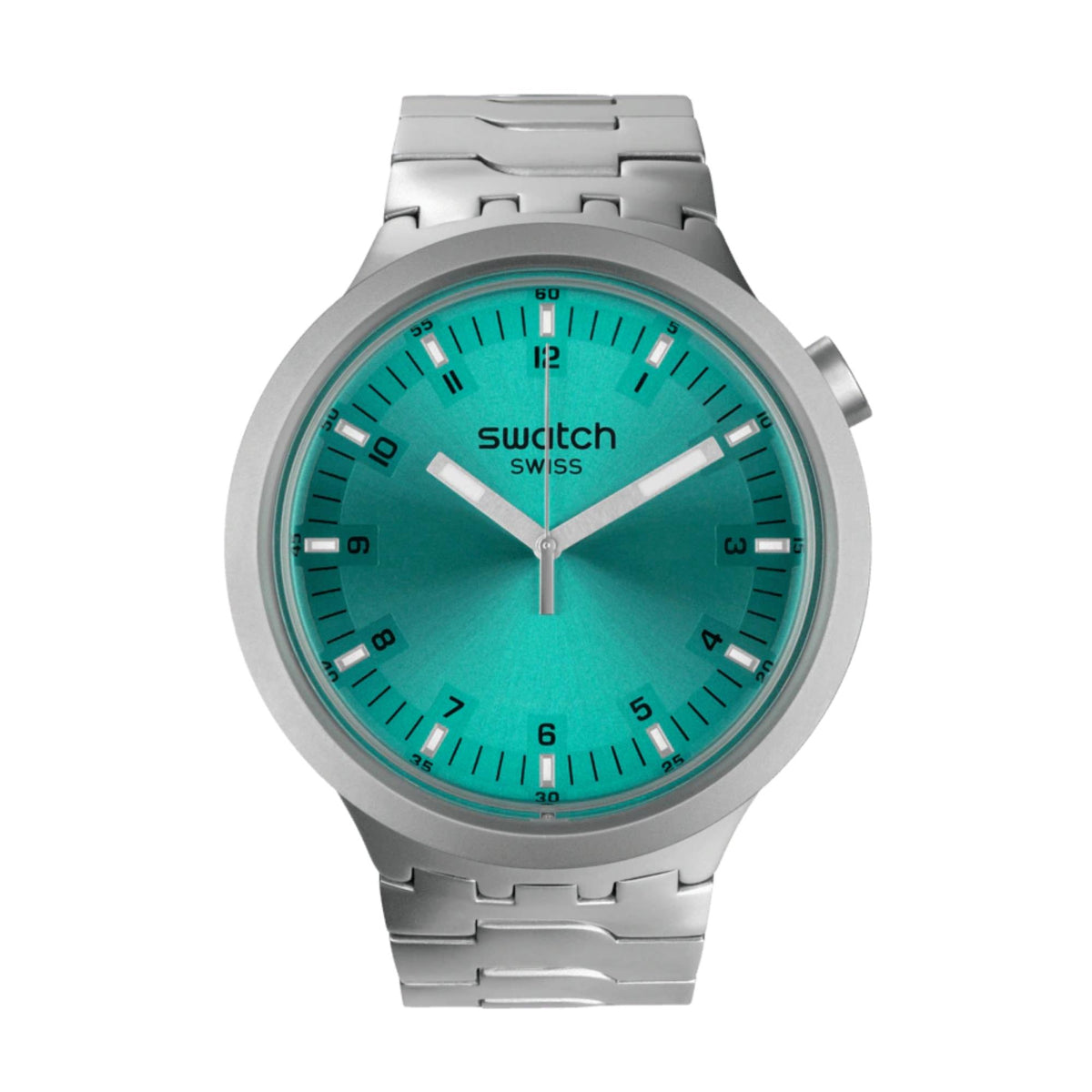 Unisex stainless-steel wristwatch with bright aqua dial, markers, and metal bracelet