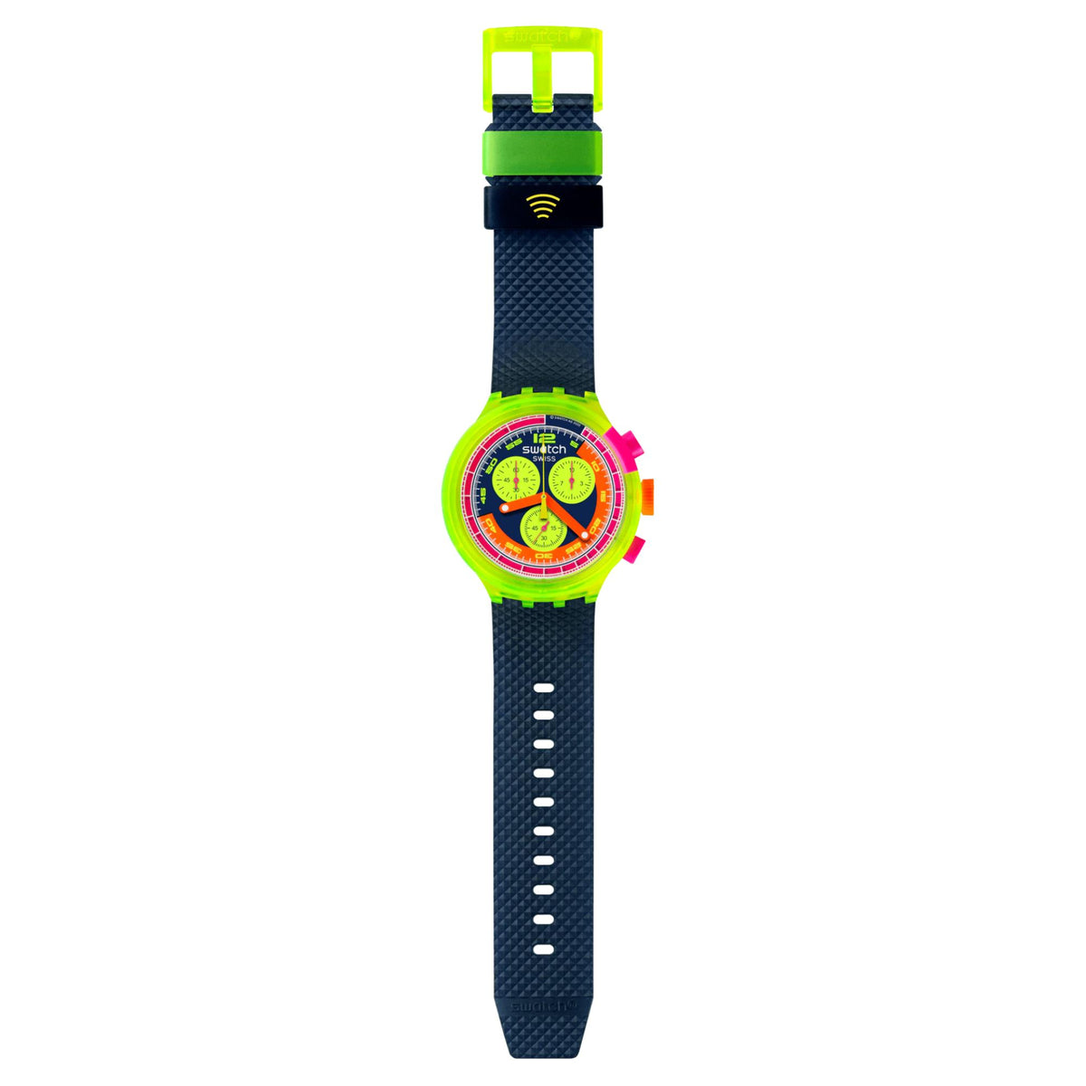 Men’s neon quartz watch shown vertically with textured dark blue silicone strap