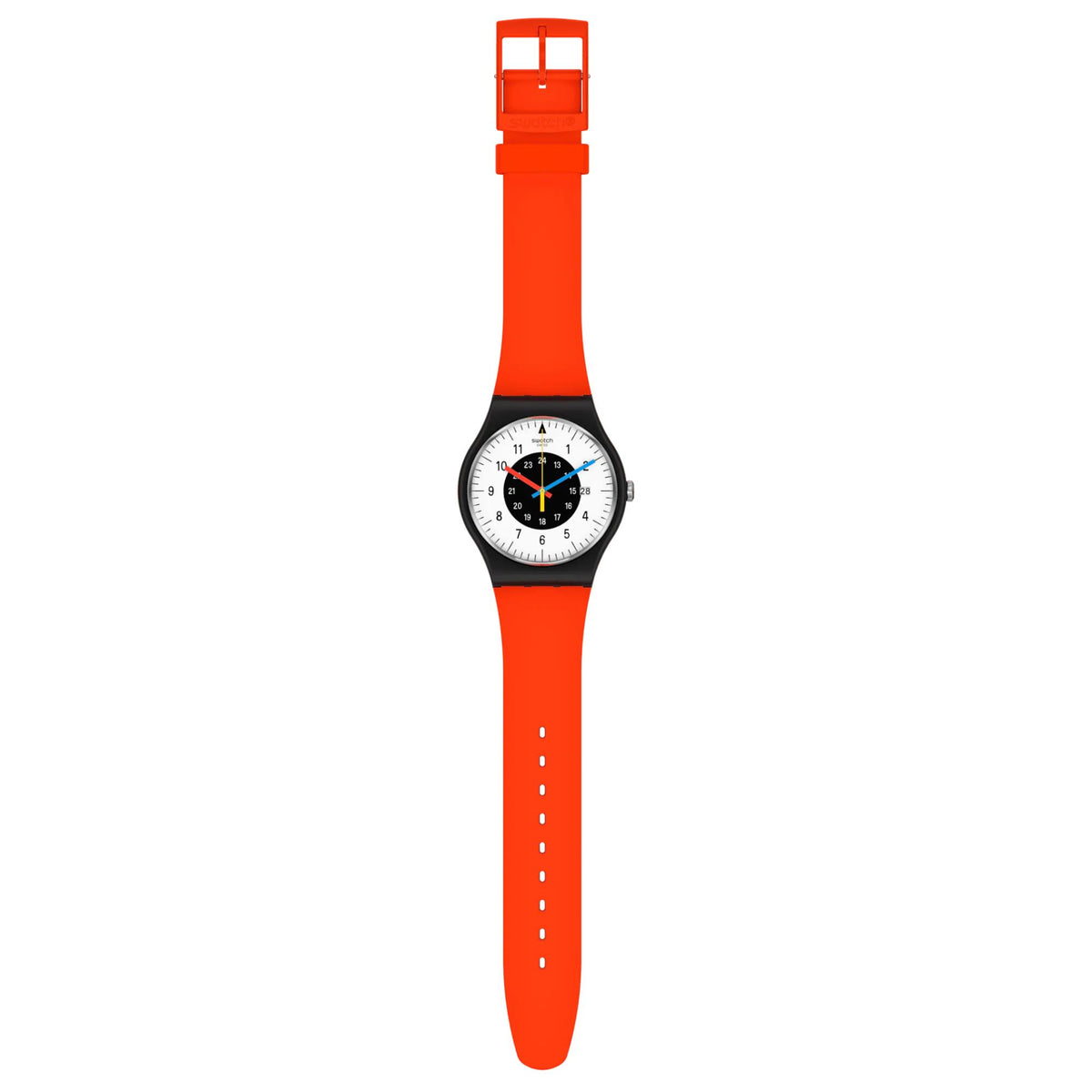 Red silicone strap Swatch watch with black case and white dial, minute markers