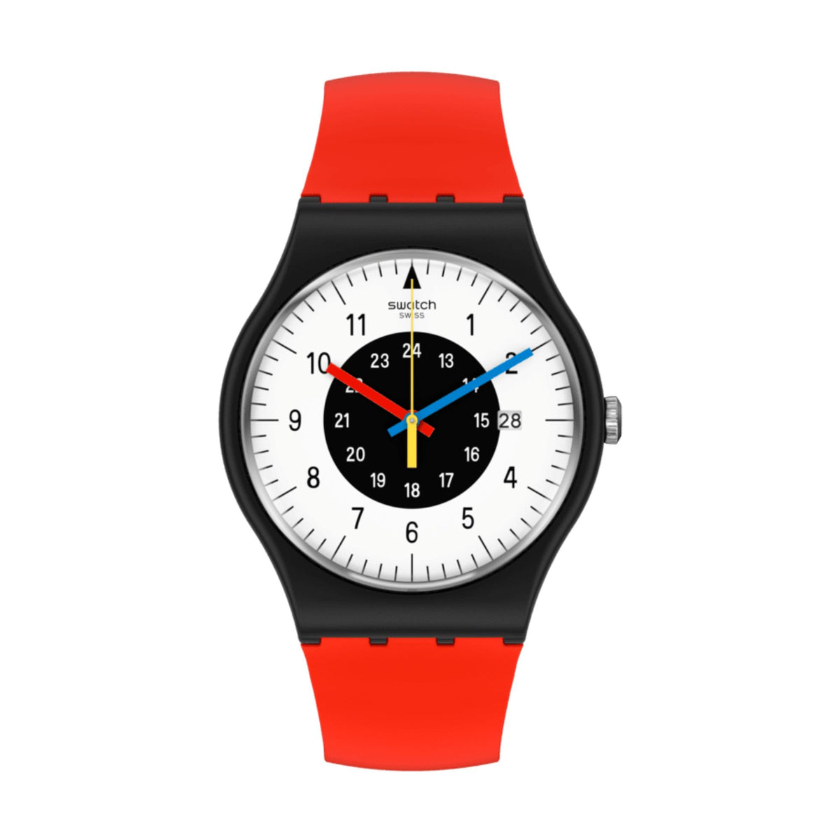 Men's Swatch Gent quartz watch with white dial, black case, red strap, multicolor hands