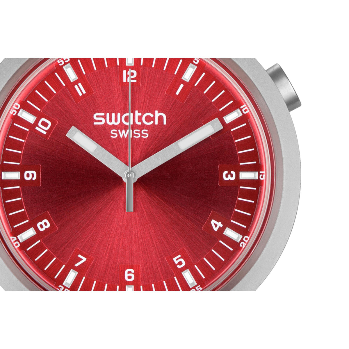 Swatch quartz watch with red shimmer dial, silver-tone steel bezel and hands