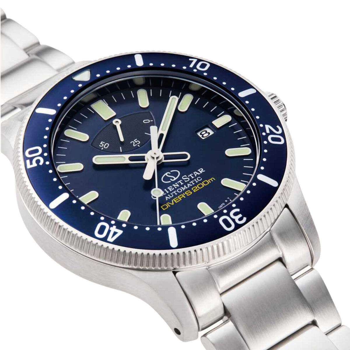 Men's blue dial automatic wristwatch close-up with steel bezel and skeleton-style markers