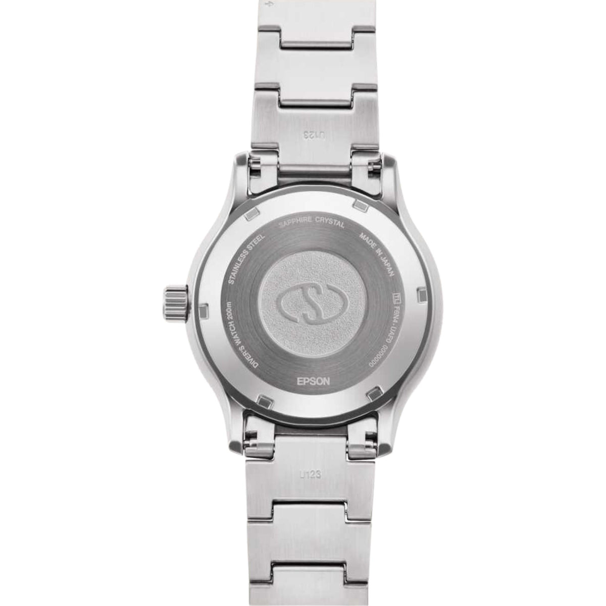 Men's steel watch caseback with circular engraving and crown side detail