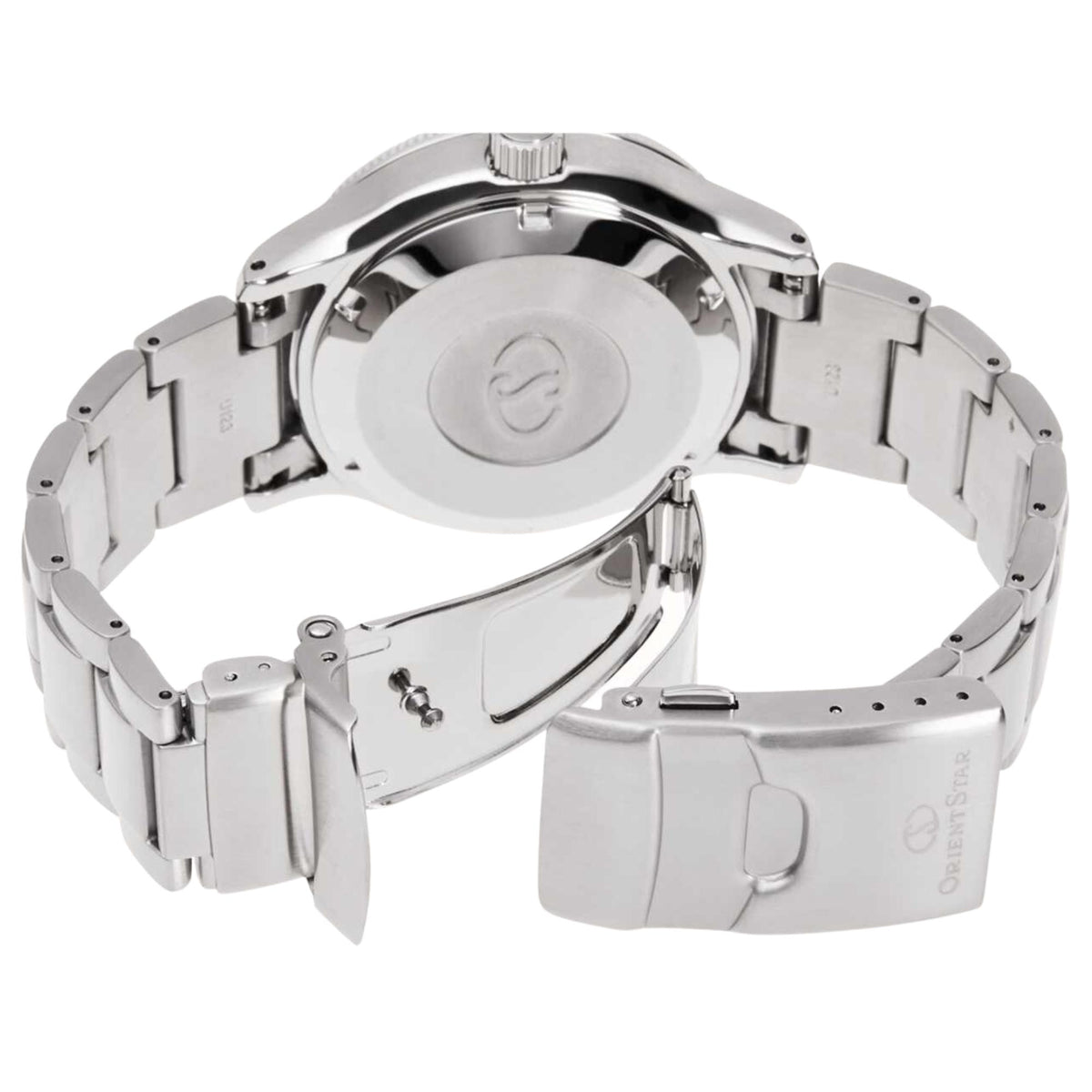 Men's steel wristwatch with linked bracelet and visible caseback edge