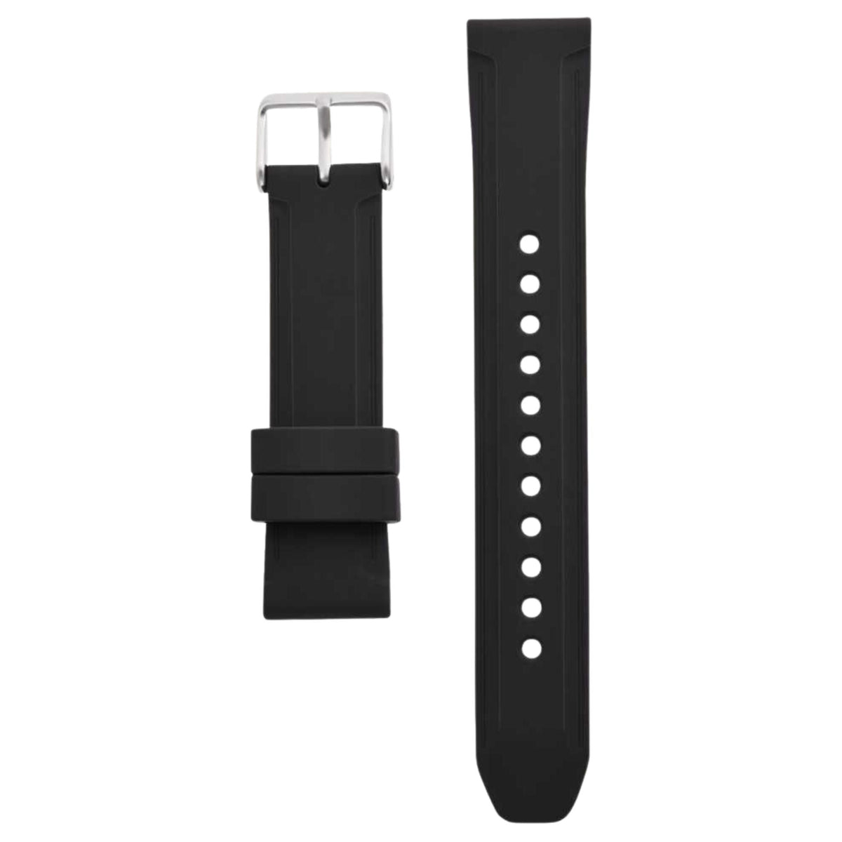 Black rubber replacement watch strap with metal buckle and multiple adjustment holes
