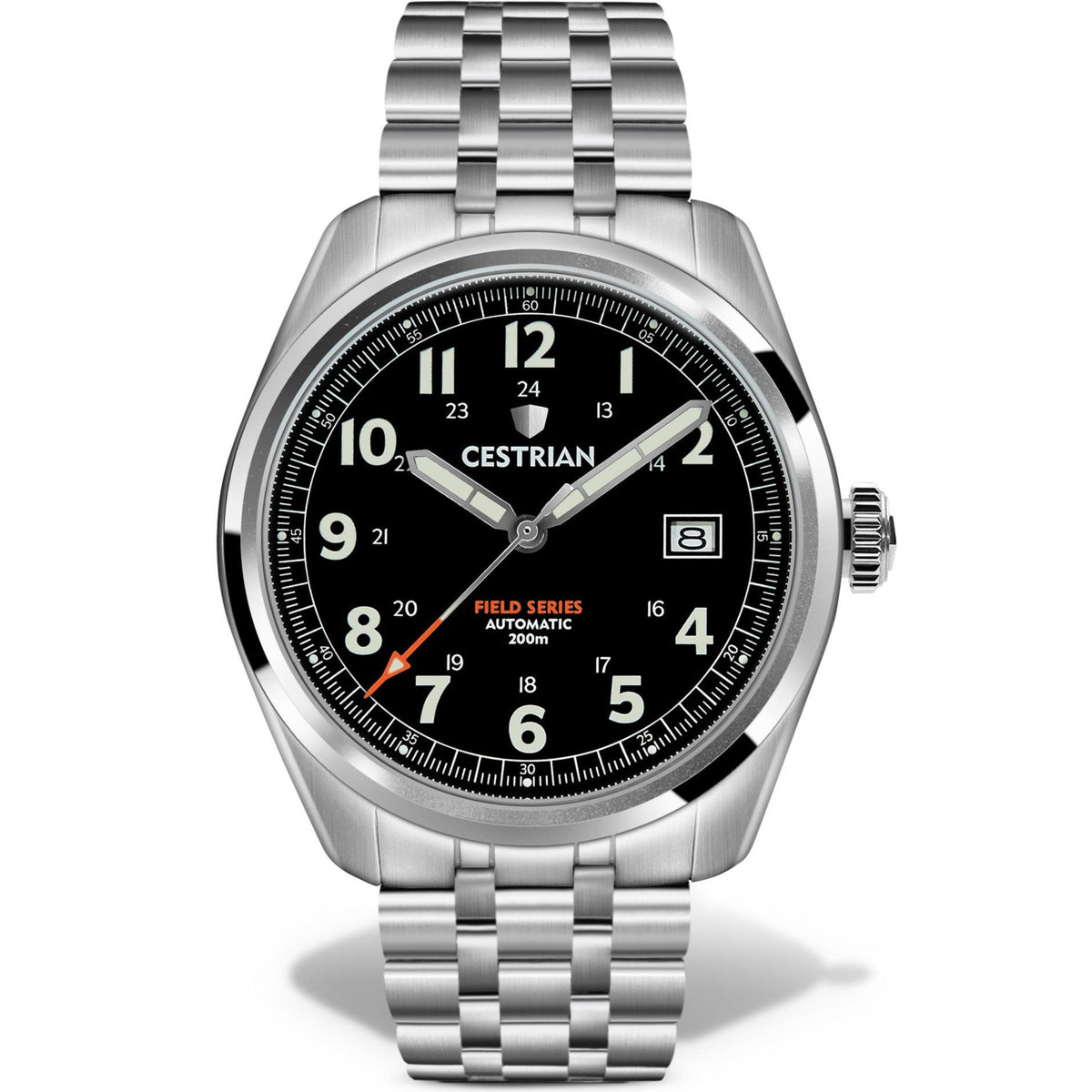Men's stainless steel bracelet automatic watch, black dial with white numerals and red seconds