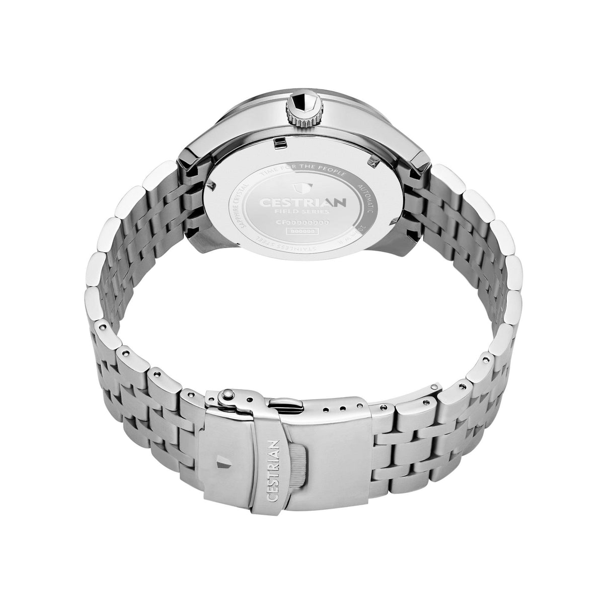 Men's stainless steel bracelet automatic watch back view, metal case and clasp