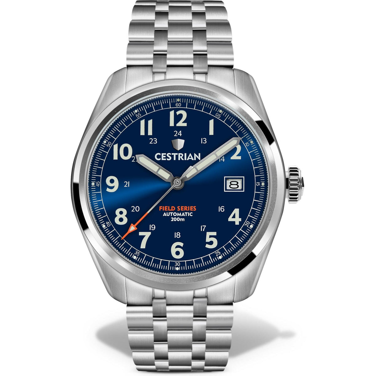 Men's stainless steel automatic watch with blue dial and metal bracelet, round bezel