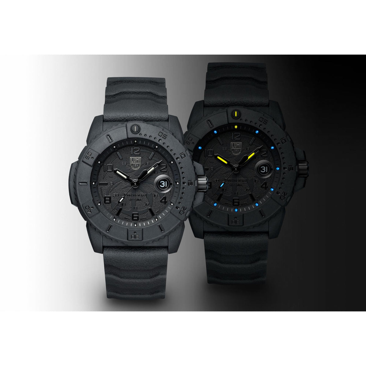 Pair of Luminox Navy SEAL rubber watches with black dials and luminous markers