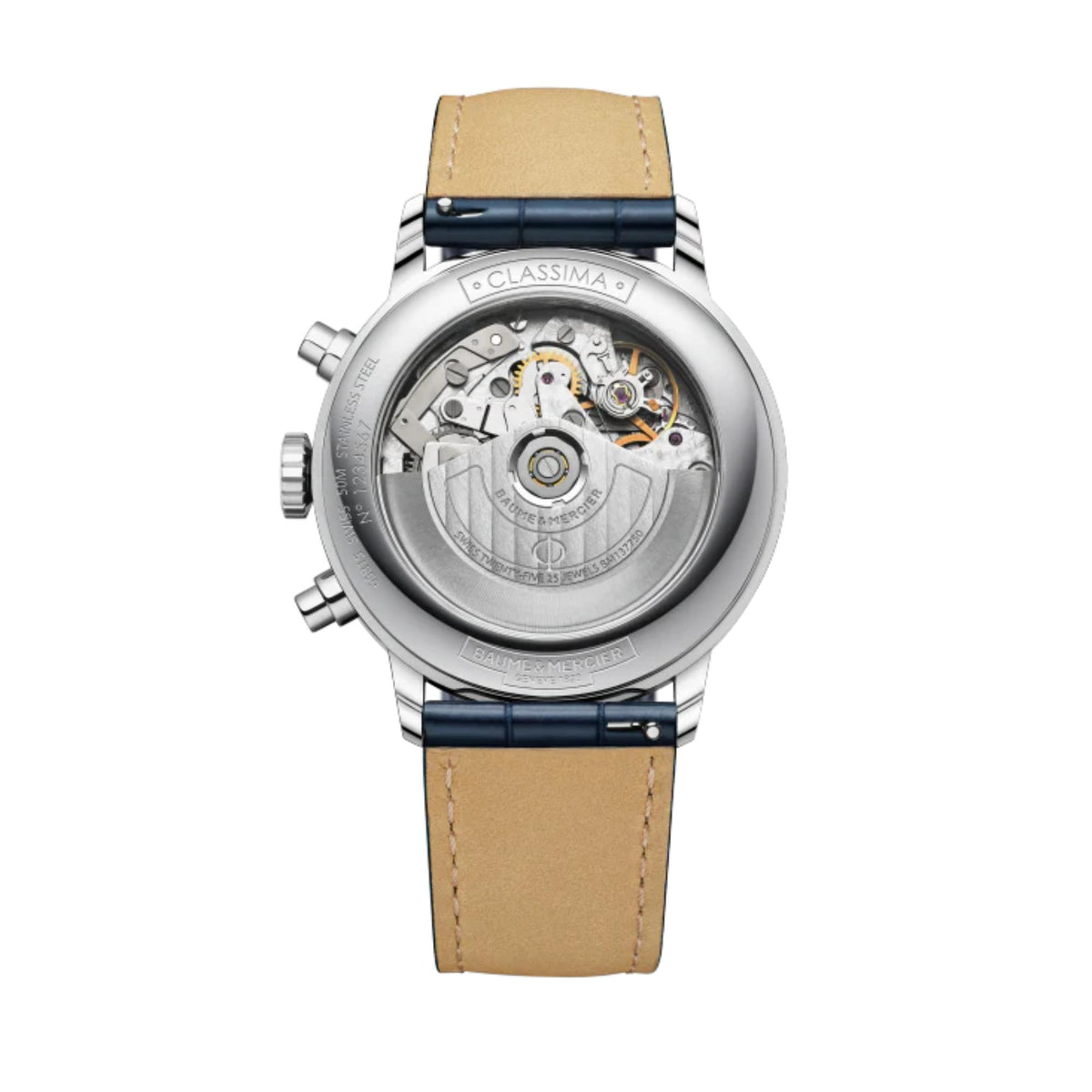 Baume & Mercier Classima automatic chronograph watch, exposed caseback and tan leather strap