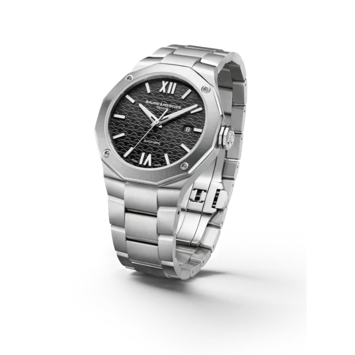 Men's stainless steel bracelet watch showing side profile and black textured dial