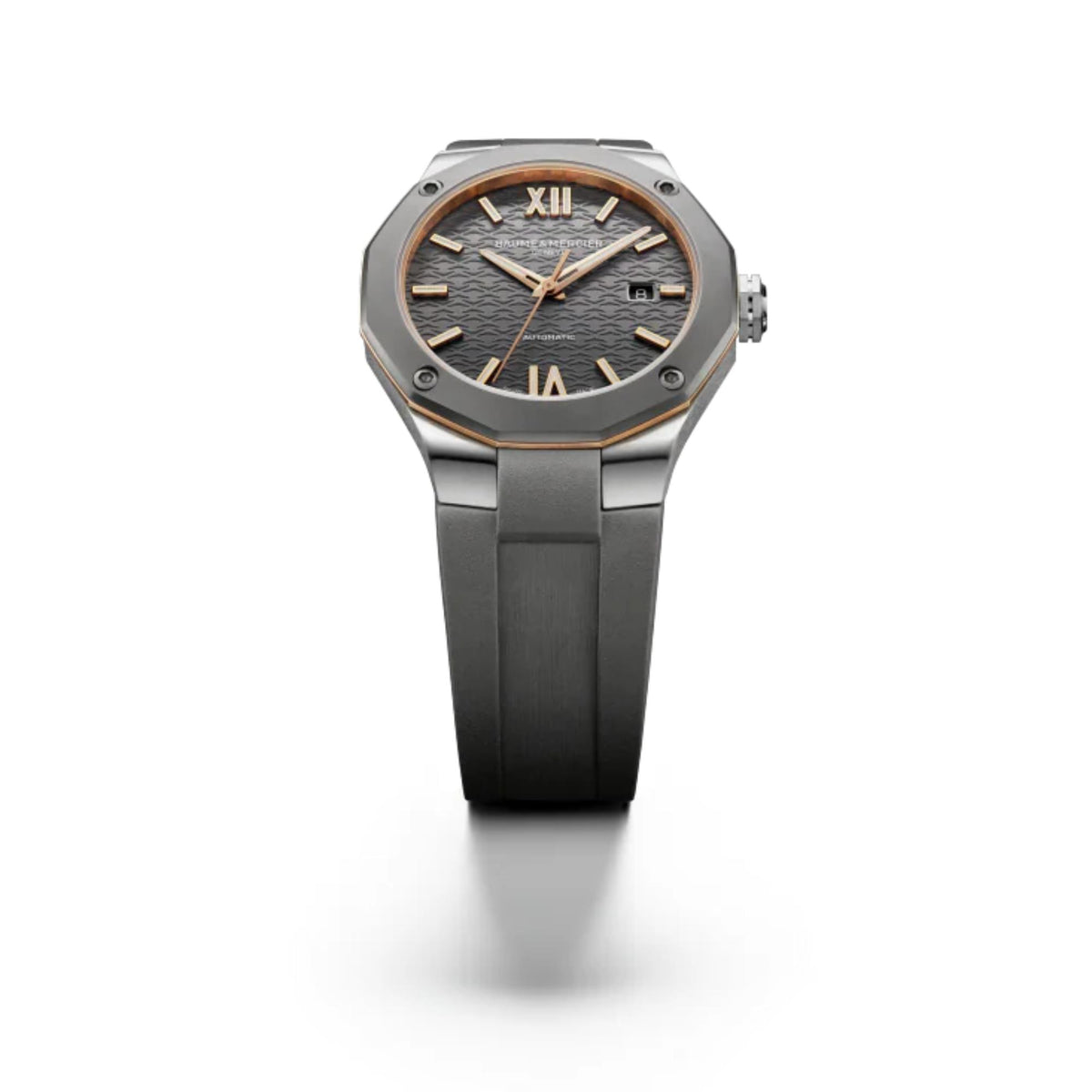Men's automatic watch front view with grey dial, Roman numerals, and black rubber strap