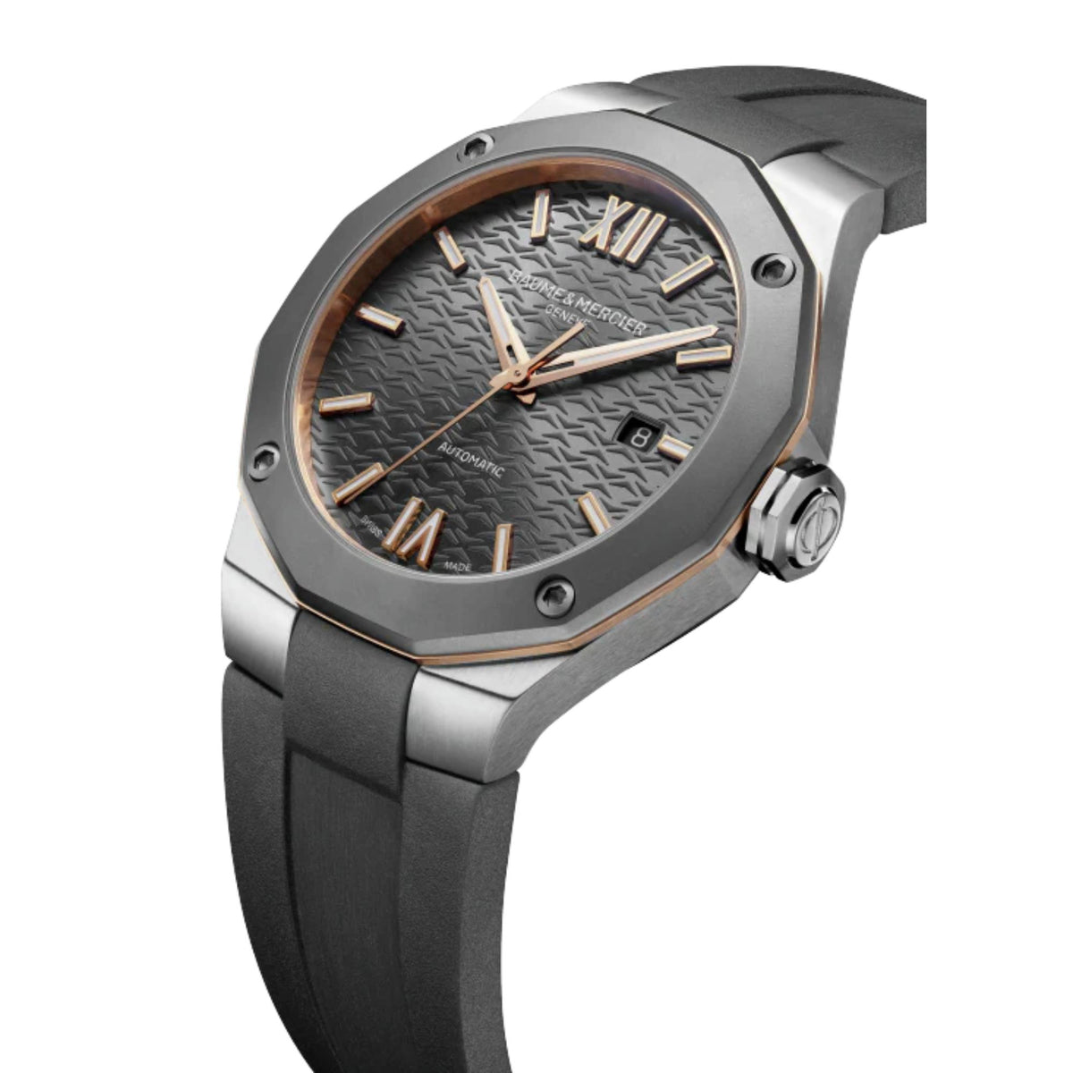 Men's automatic watch close-up angled view with grey textured dial and black rubber strap