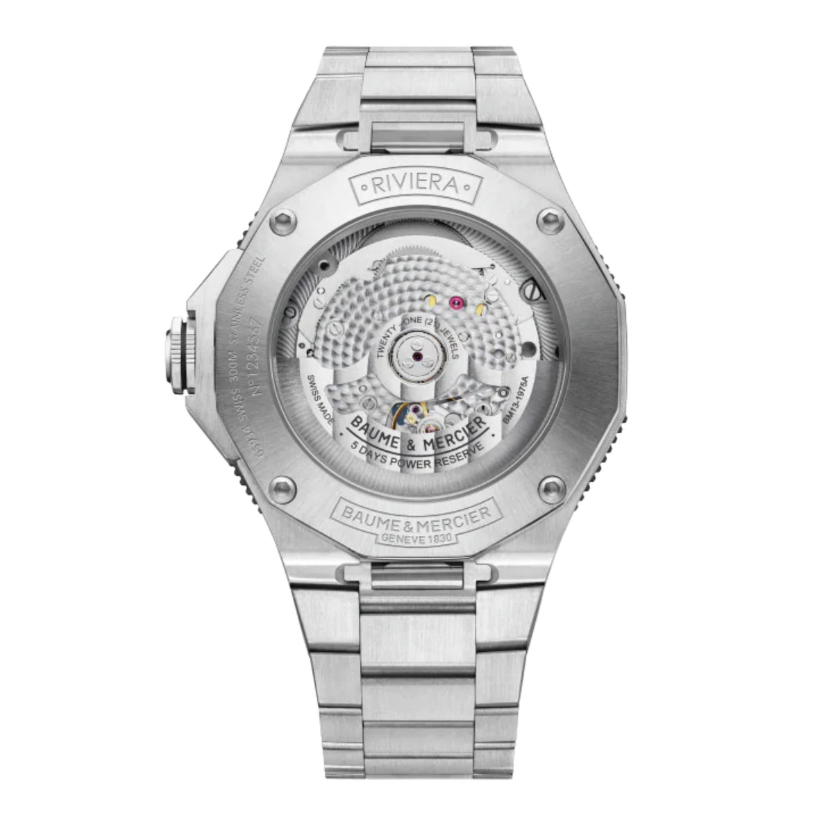 Stainless steel watch caseback with engraved text and visible internal movement