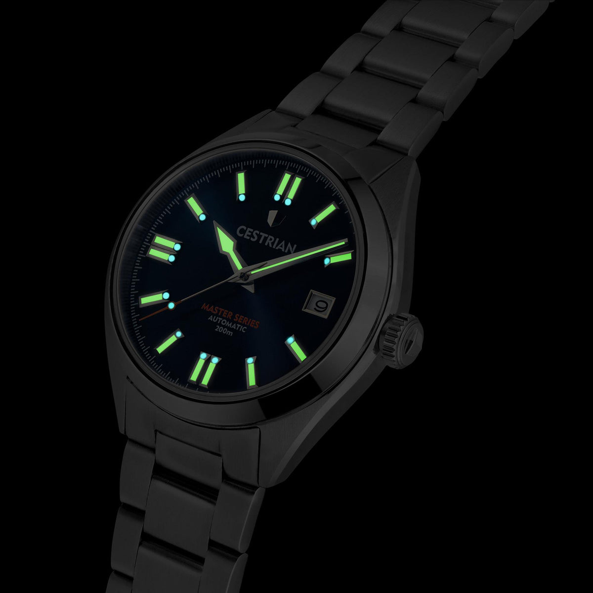 Men's automatic dark-tone wristwatch with black dial and glowing green indices