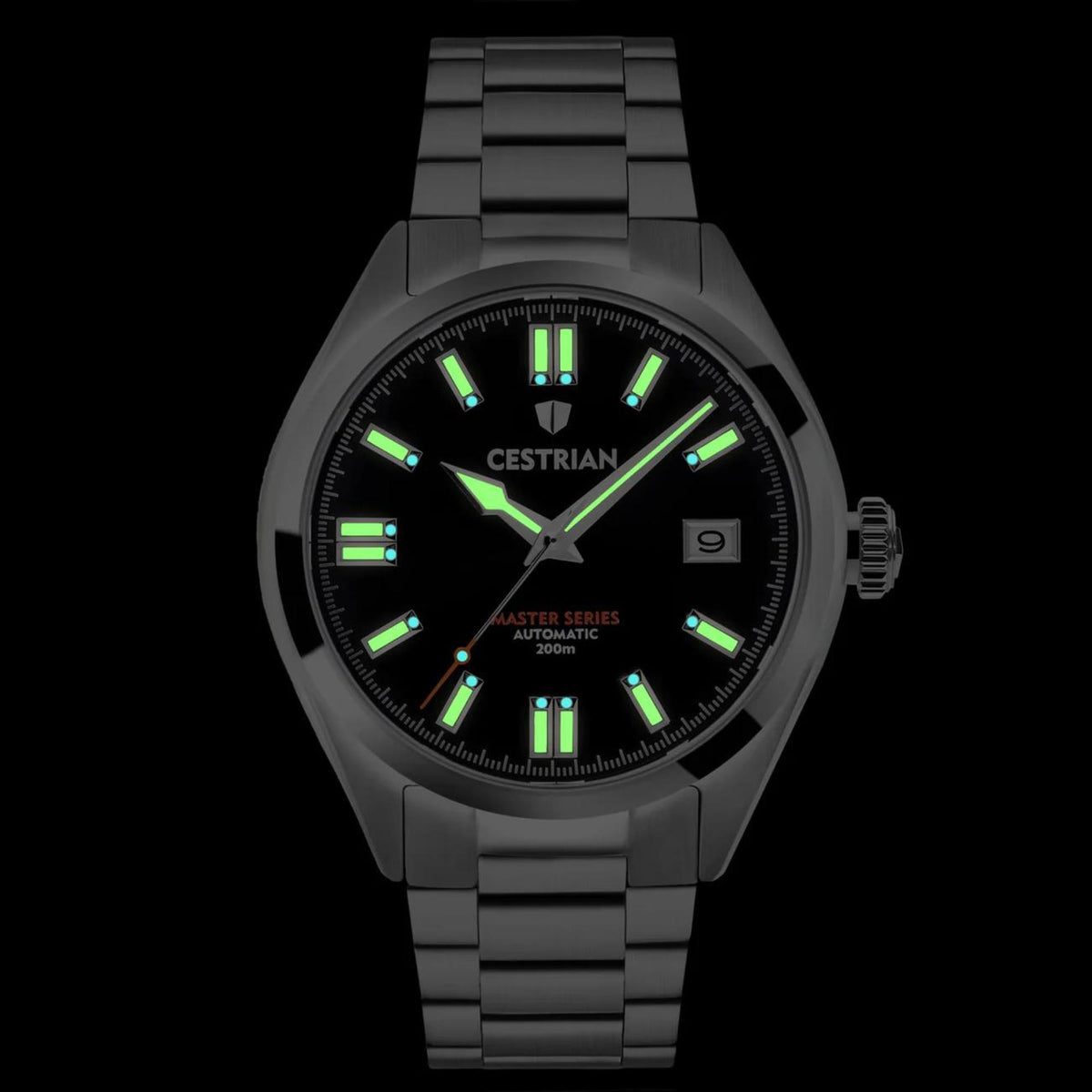 Men's automatic wrist watch with black dial, green luminous hands, steel bracelet
