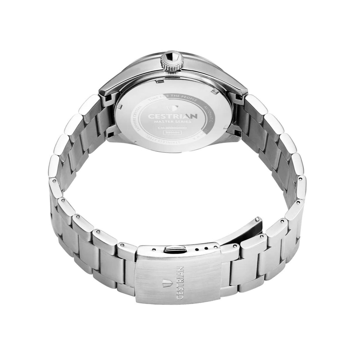 Men's automatic wrist watch back view with steel bracelet and caseback