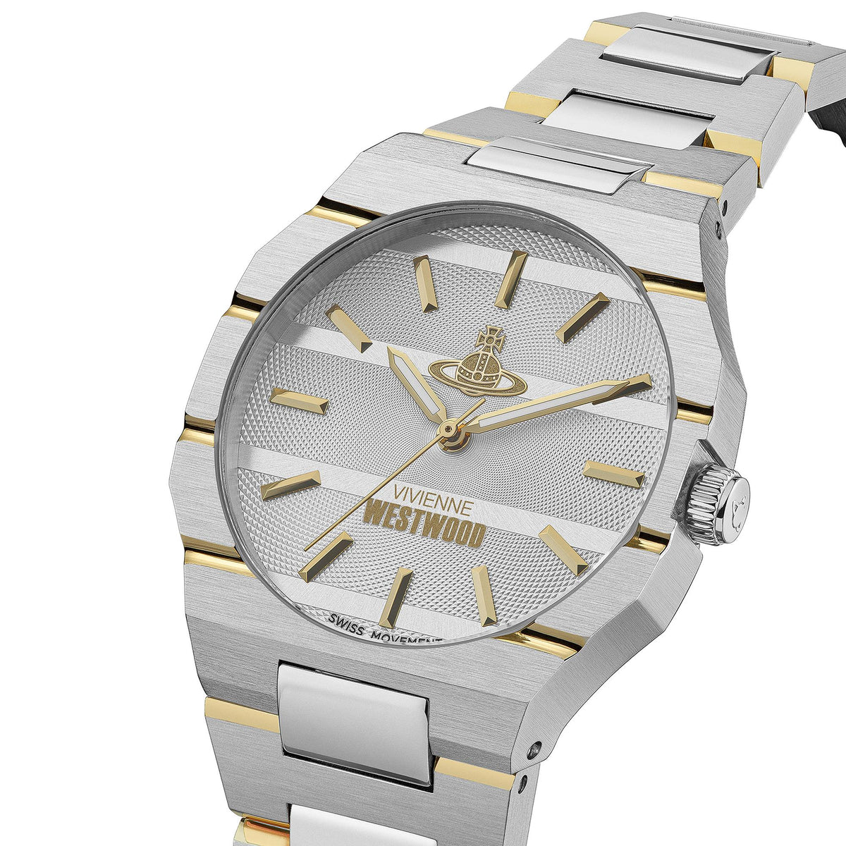 Vivienne Westwood The Bank VV294LCGSG angled view featuring a silver dial with a steel strap and gold accents