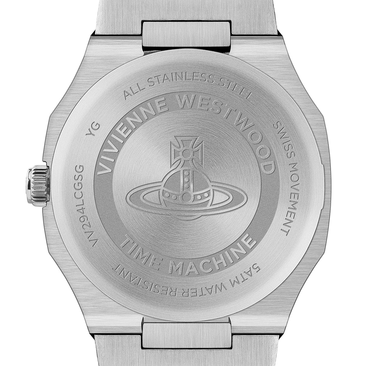 Vivienne Westwood The Bank VV294LCGSG back case showing engraved orb logo and model details