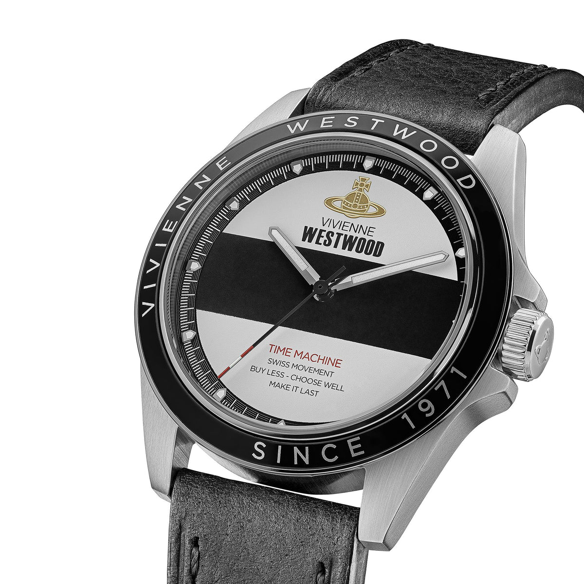 Men's stainless steel watch with black leather strap and black/white striped dial