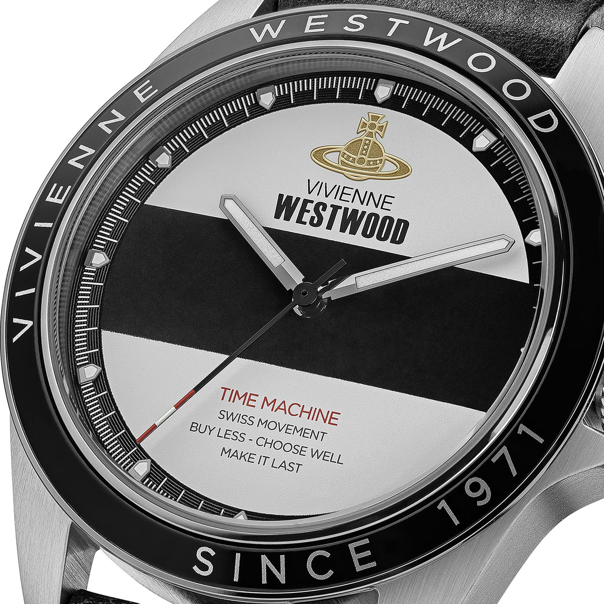 Men's two-tone watch dial in black and white with silver hands and minute markers