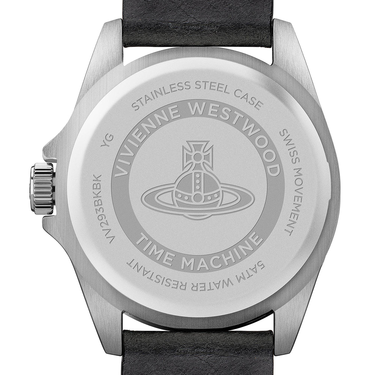 Watch backplate in stainless steel with engraved logo text and black leather strap