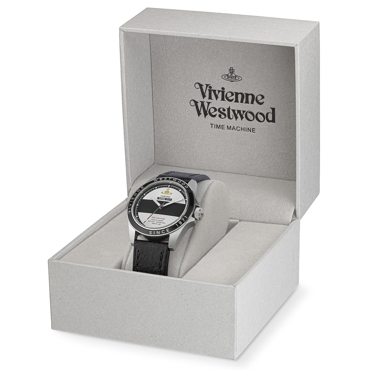 Men's watch in gift box with black leather strap and two-tone dial, stainless steel case