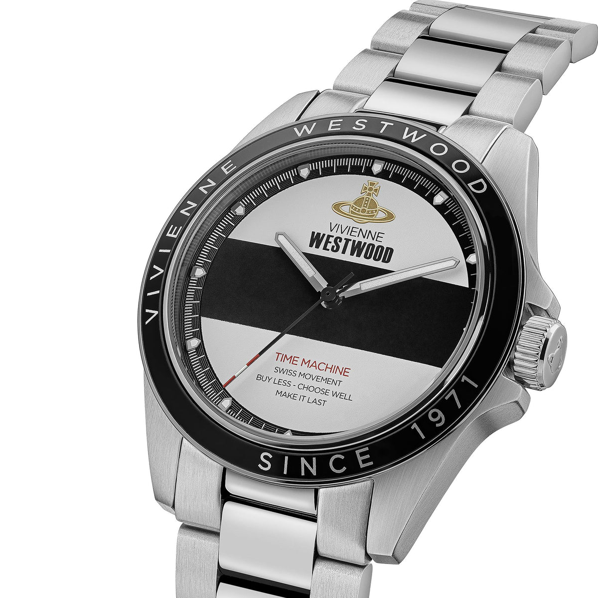 Men's stainless steel quartz watch with black bezel, two-tone dial, link bracelet