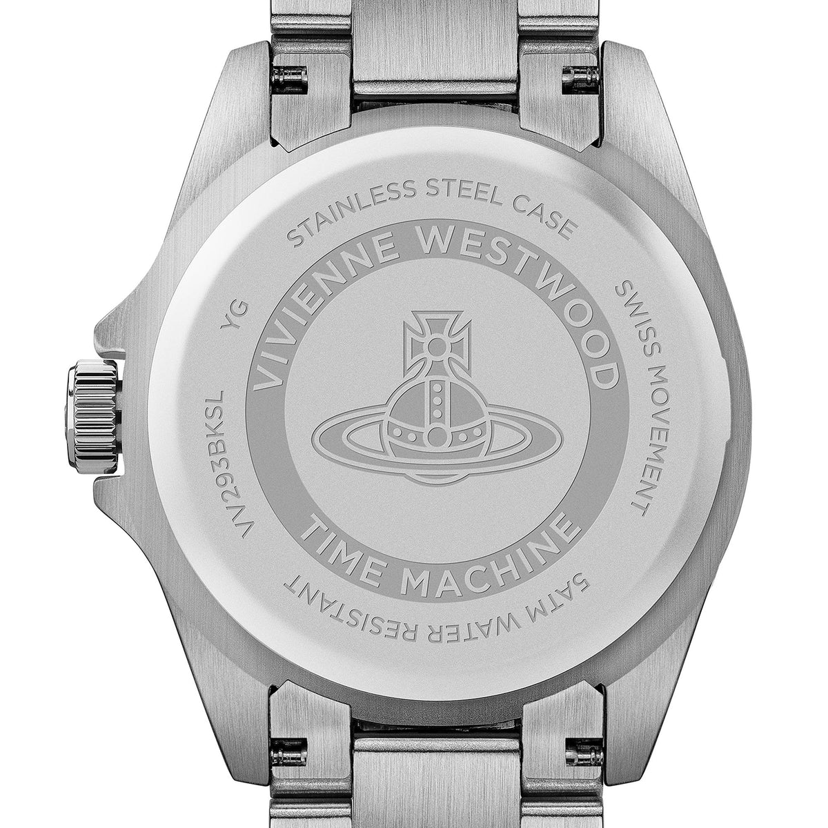 Men's watch caseback with stainless steel case markings and time machine engraving