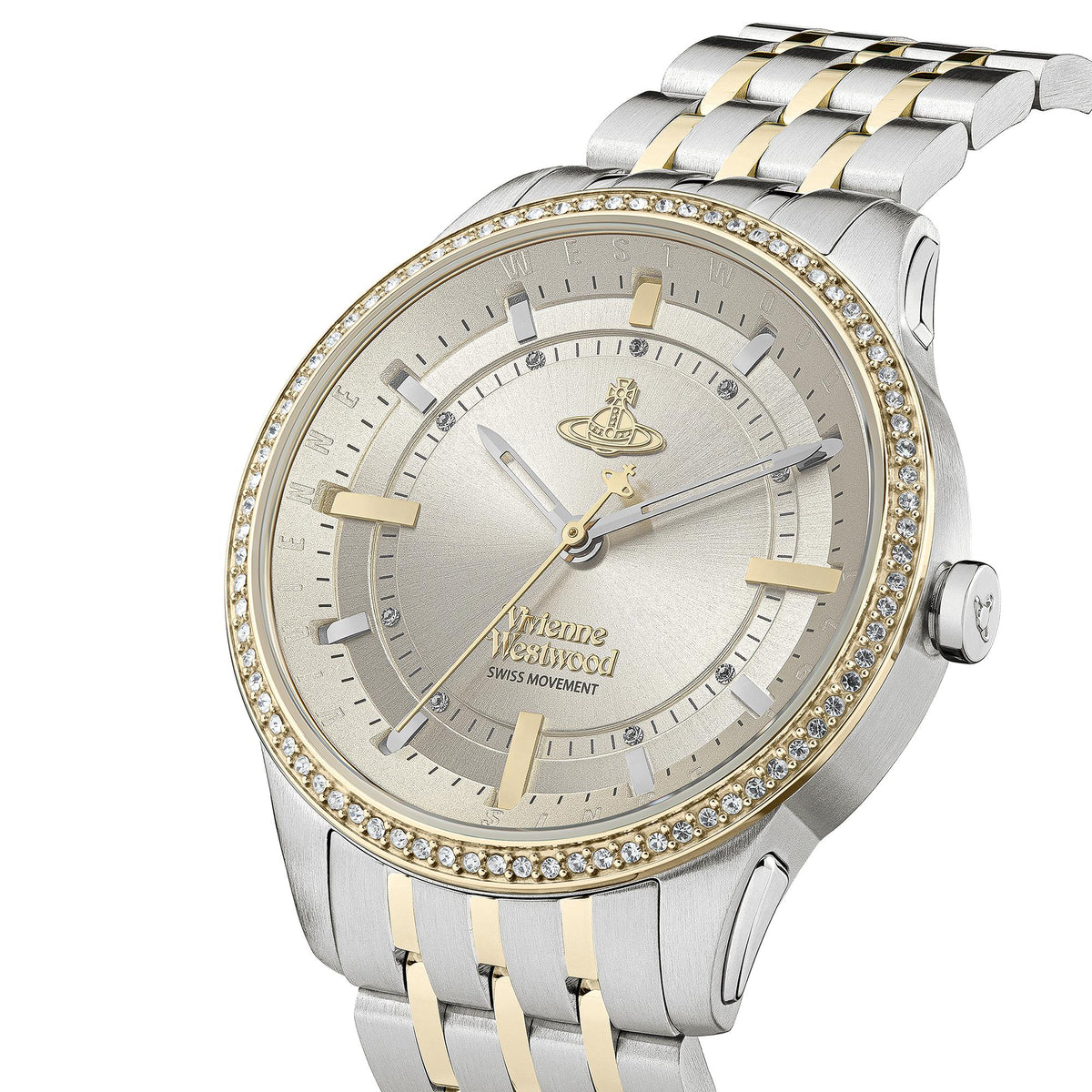 Two-tone stainless steel watch with champagne dial, crystal bezel, gold-tone hour markers