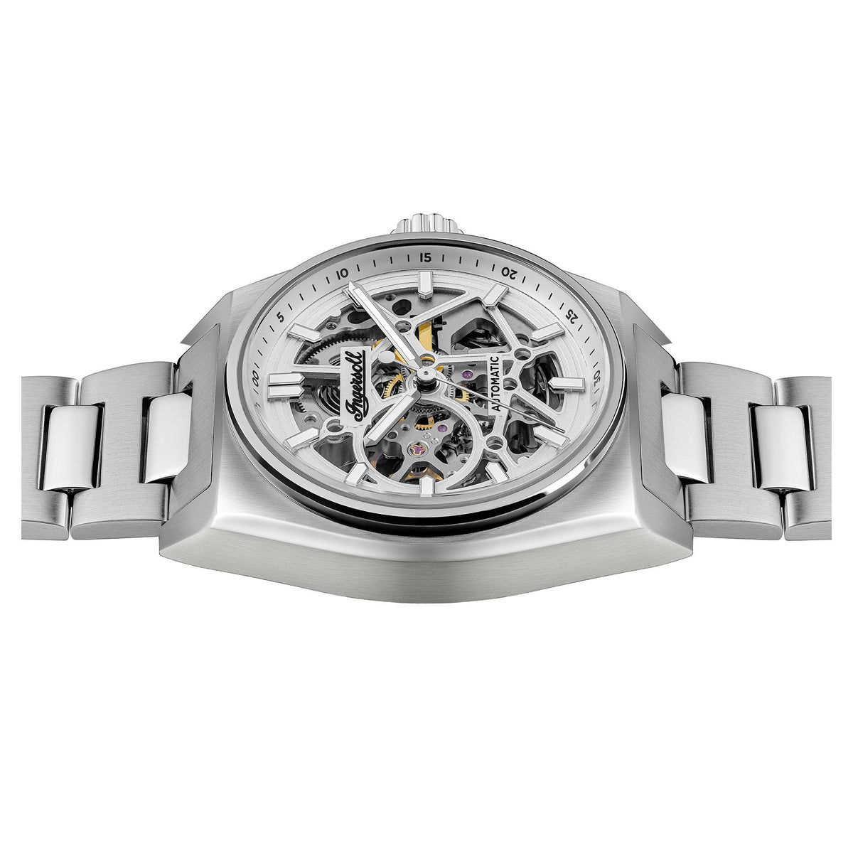 Men's automatic skeleton dial stainless steel watch showing exposed movement details