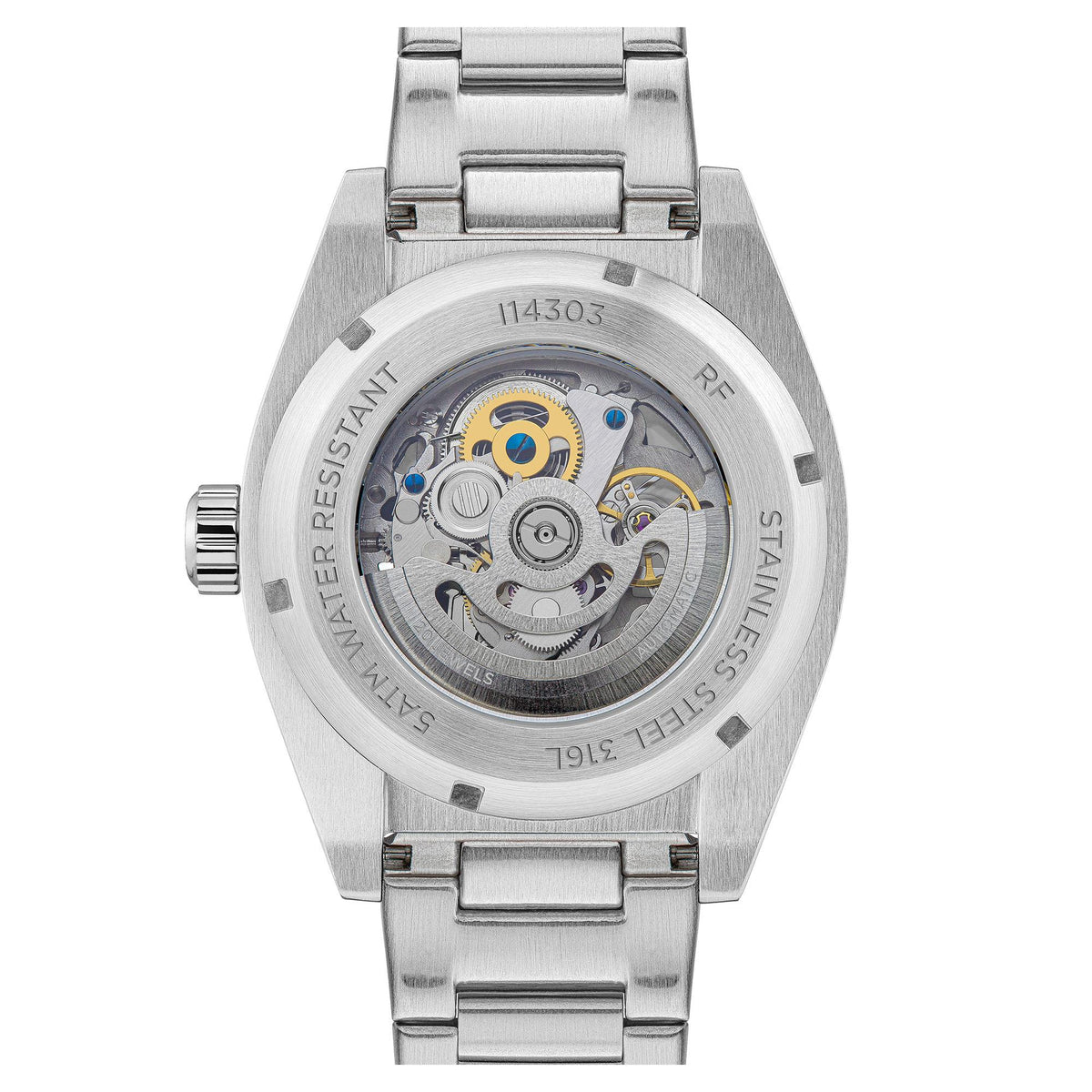 Men's stainless steel watch back with automatic movement, engraved numbers, and marked ring