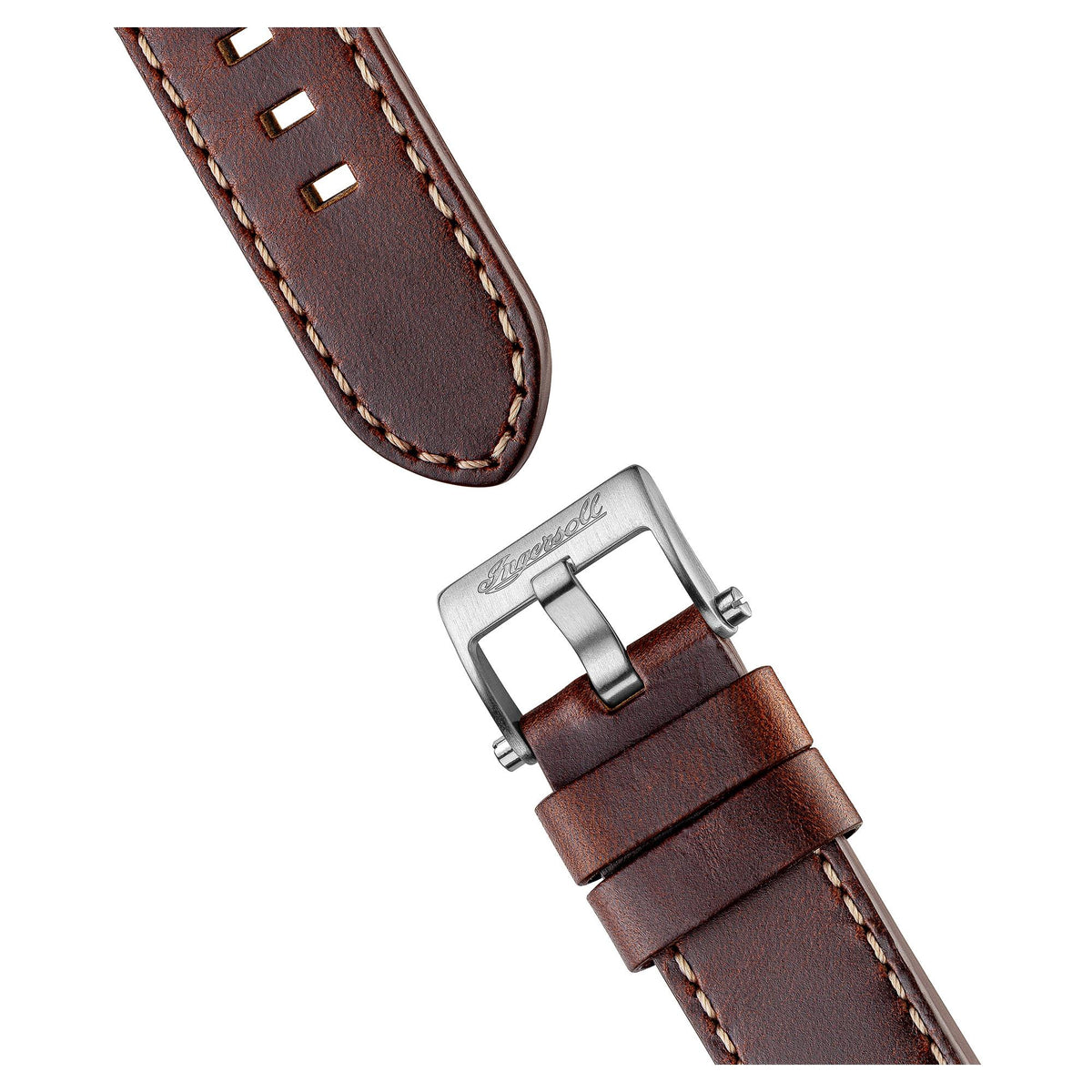 Brown leather watch strap with stitched edges and silver-tone buckle clasp