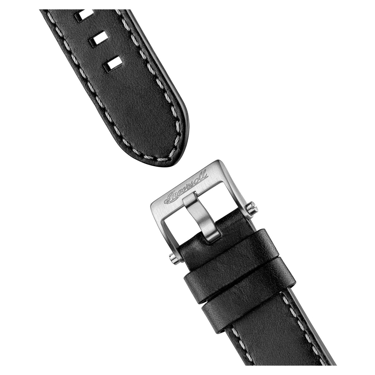 Black leather watch strap with silver buckle and stitched edges