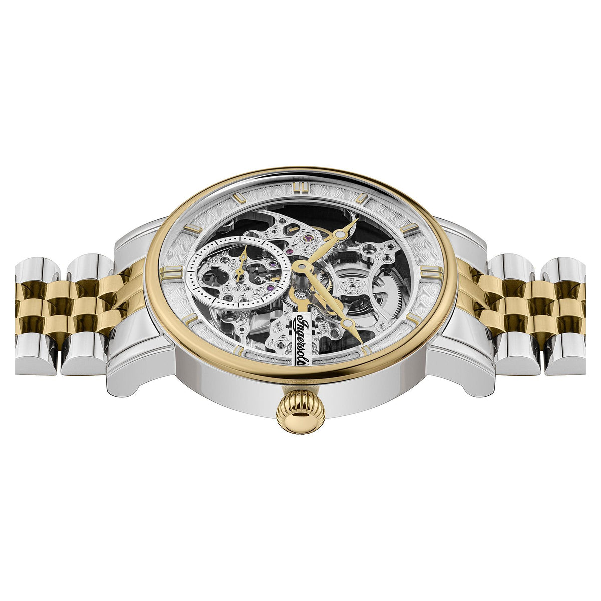 Two-tone silver and gold automatic skeleton watch with crown and metal bracelet
