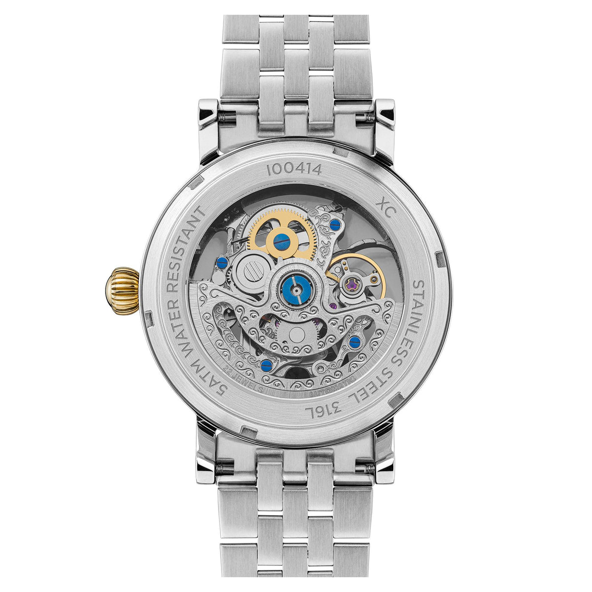 Back view of men's automatic skeleton watch on silver metal bracelet