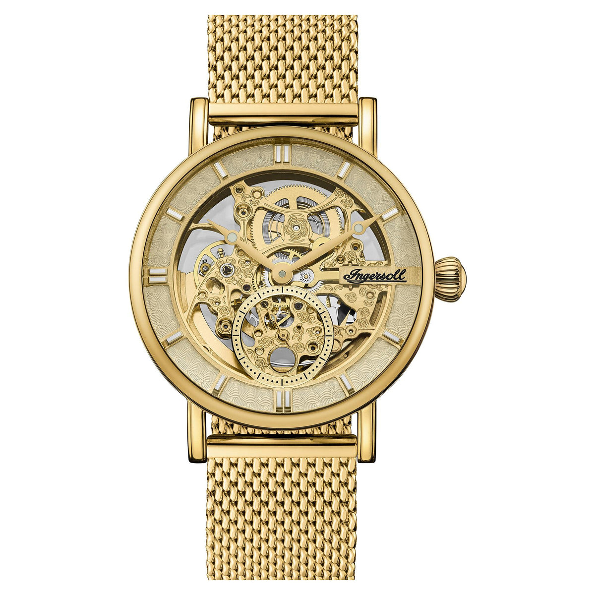 Gold automatic skeleton watch with milanese mesh bracelet and exposed dial movement