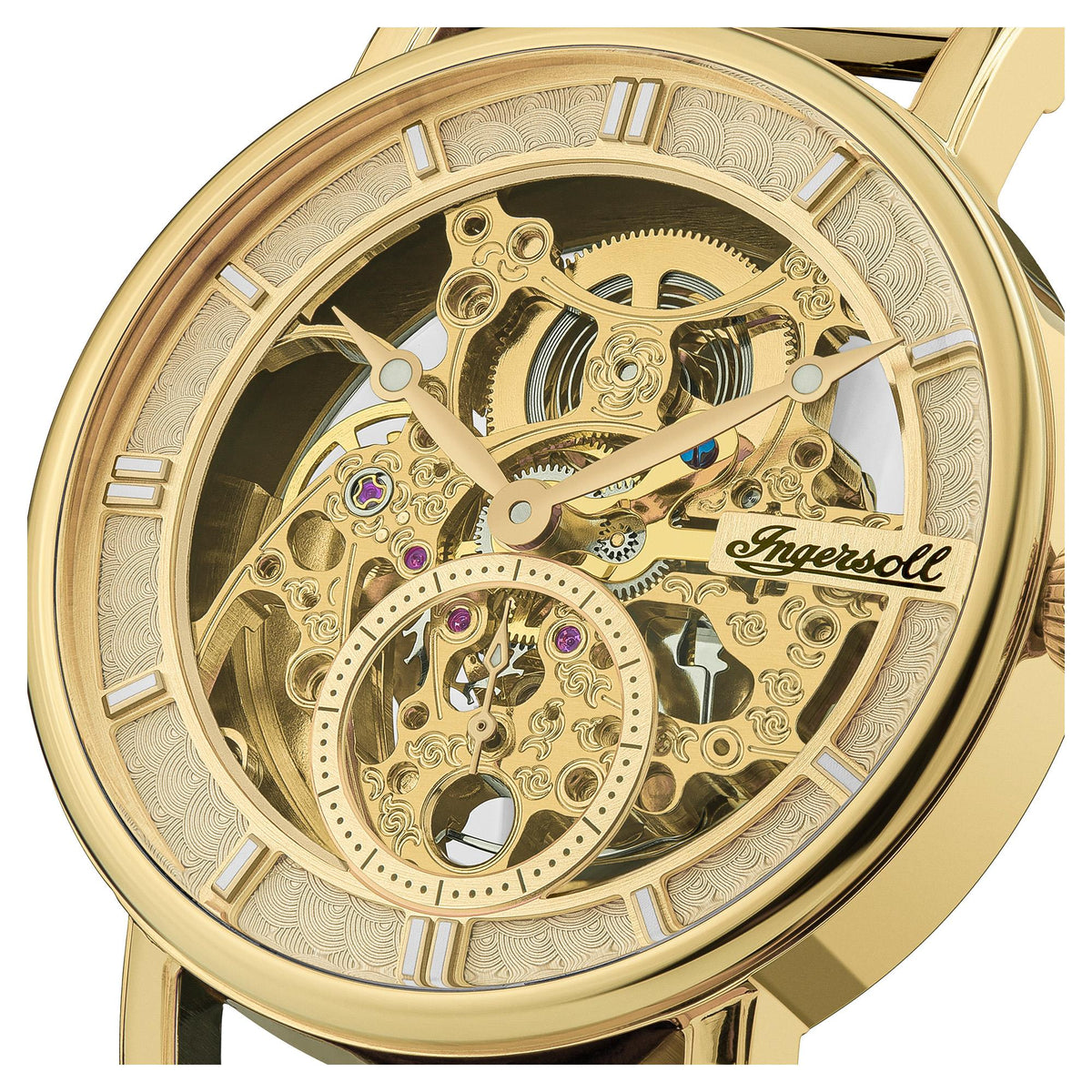 Gold-tone skeleton dial close-up with visible gears and Ingersoll name