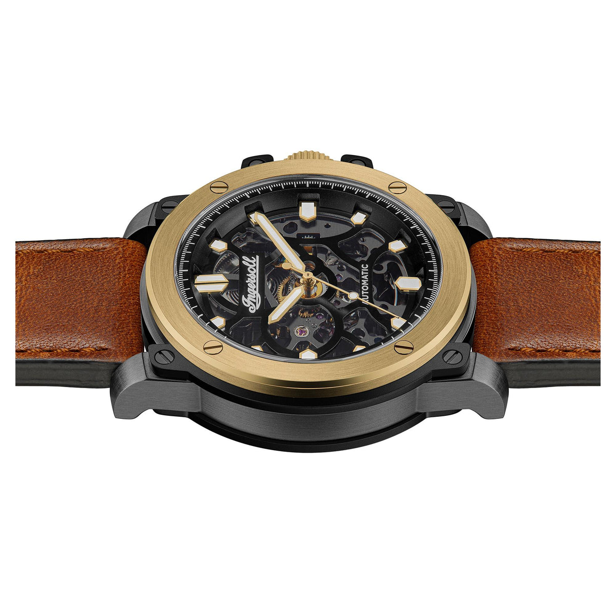 Men's skeleton watch front view with gold-tone crown, black dial, and brown leather strap