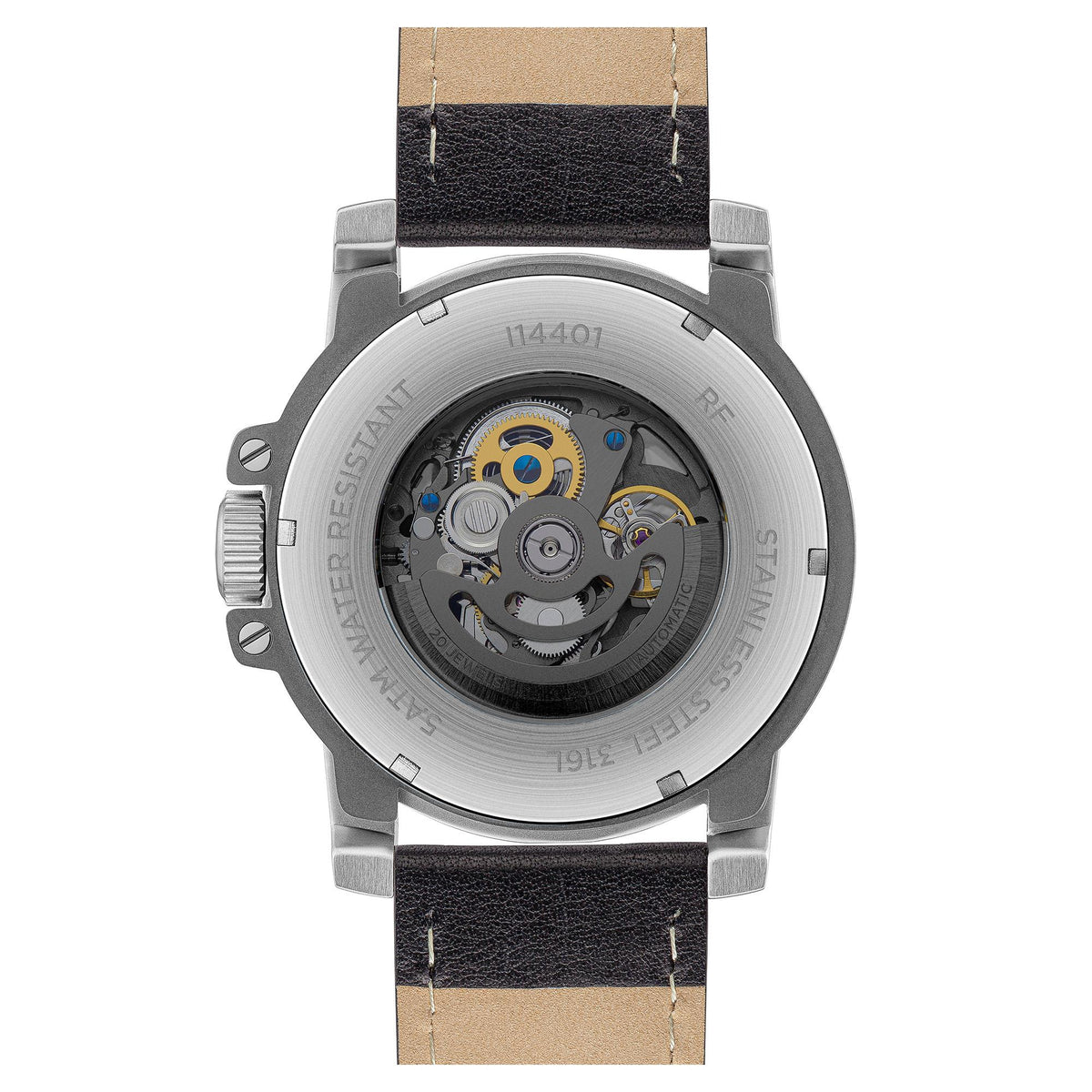 Automatic watch caseback view with visible movement and brown leather strap