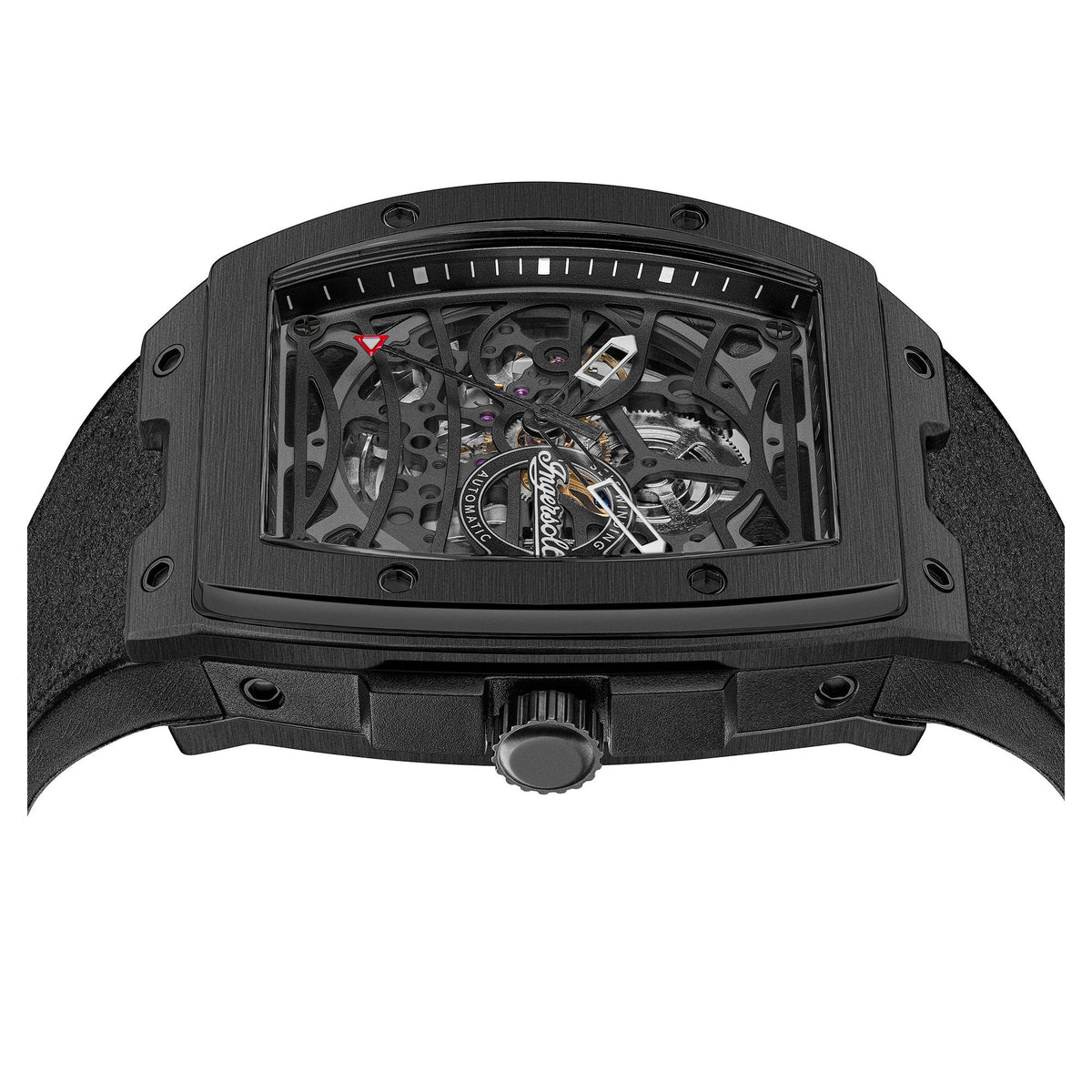 Black skeleton watch case with view of internal gears from the side