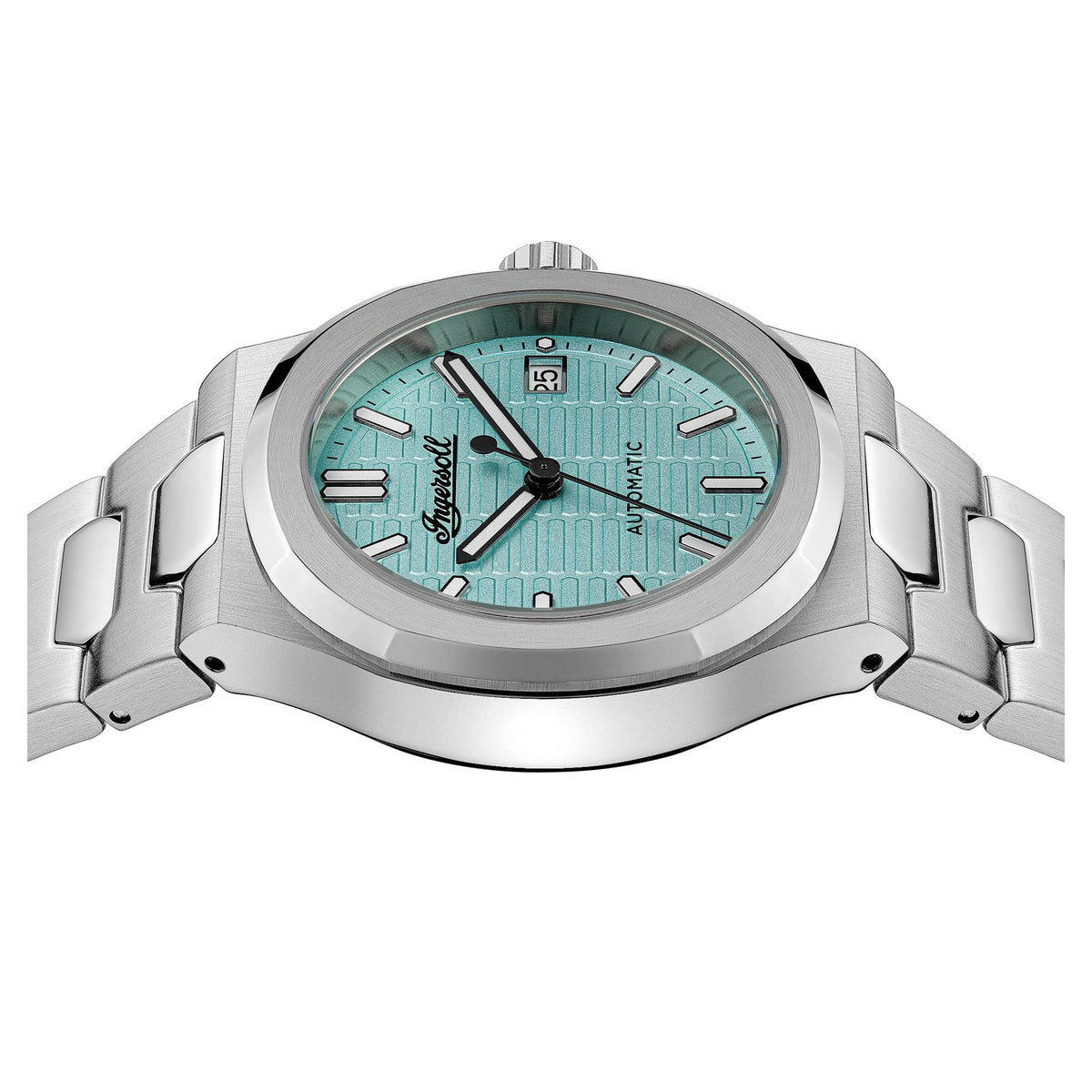 Stainless steel automatic watch with turquoise blue dial and date window at 3 o'clock