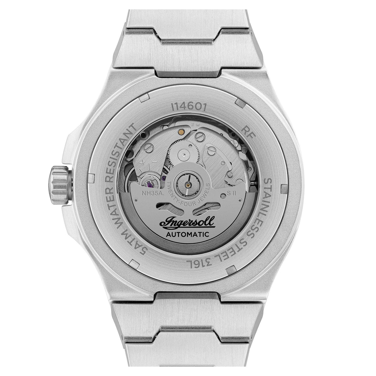 Back view of men's stainless steel automatic watch with visible movement and branding