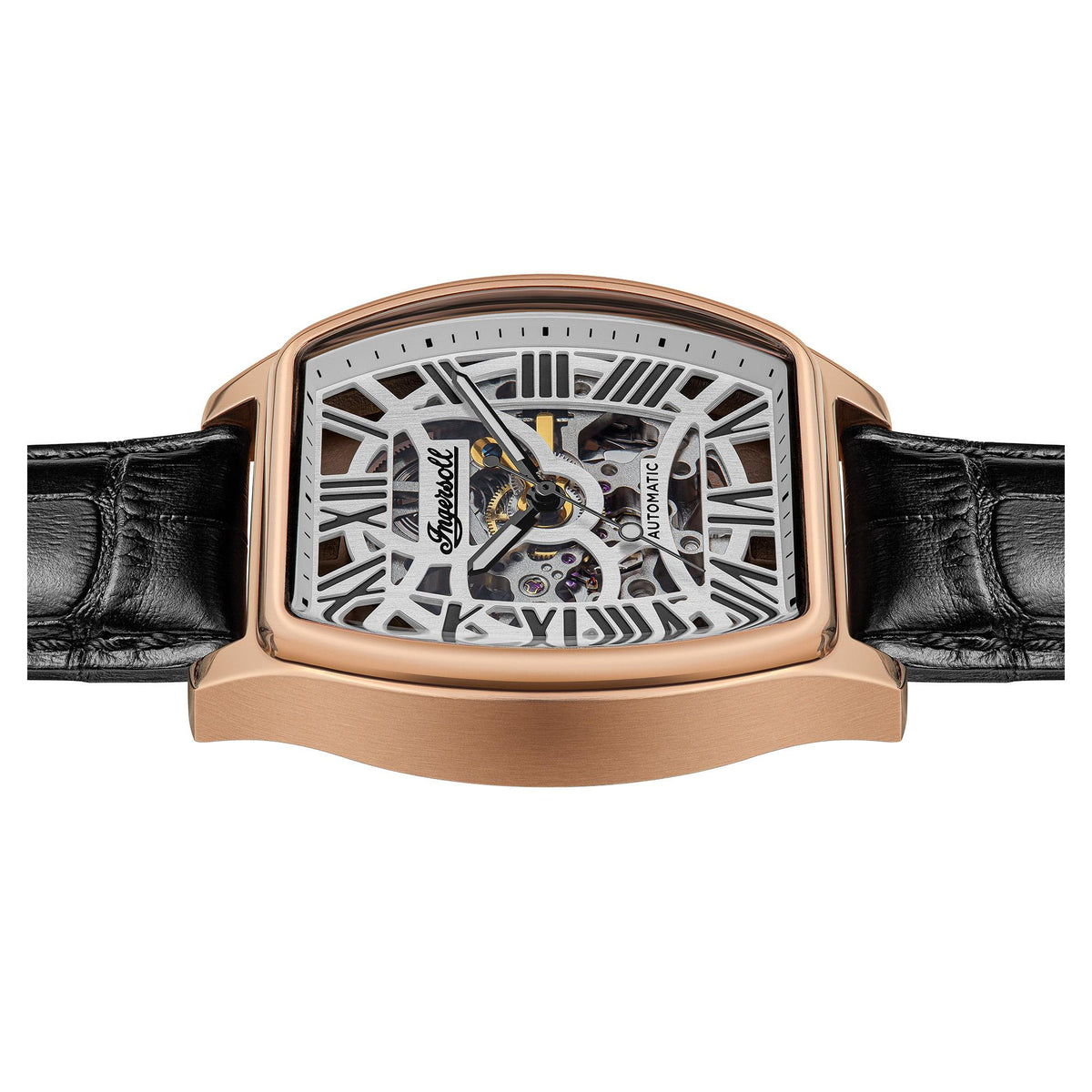 Automatic skeleton watch showing black leather strap and rose-gold tone case profile