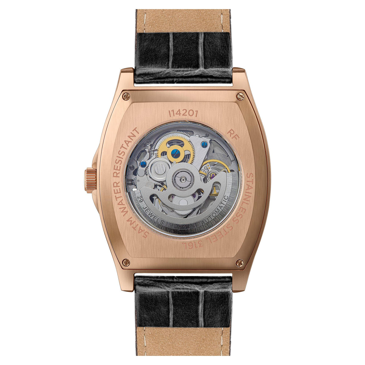 Automatic watch back with black leather strap, rose-gold tone case, visible movement