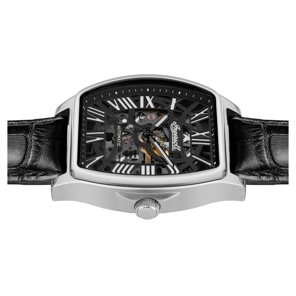 Men's skeleton automatic watch with rectangular black dial, black leather strap, metal crown