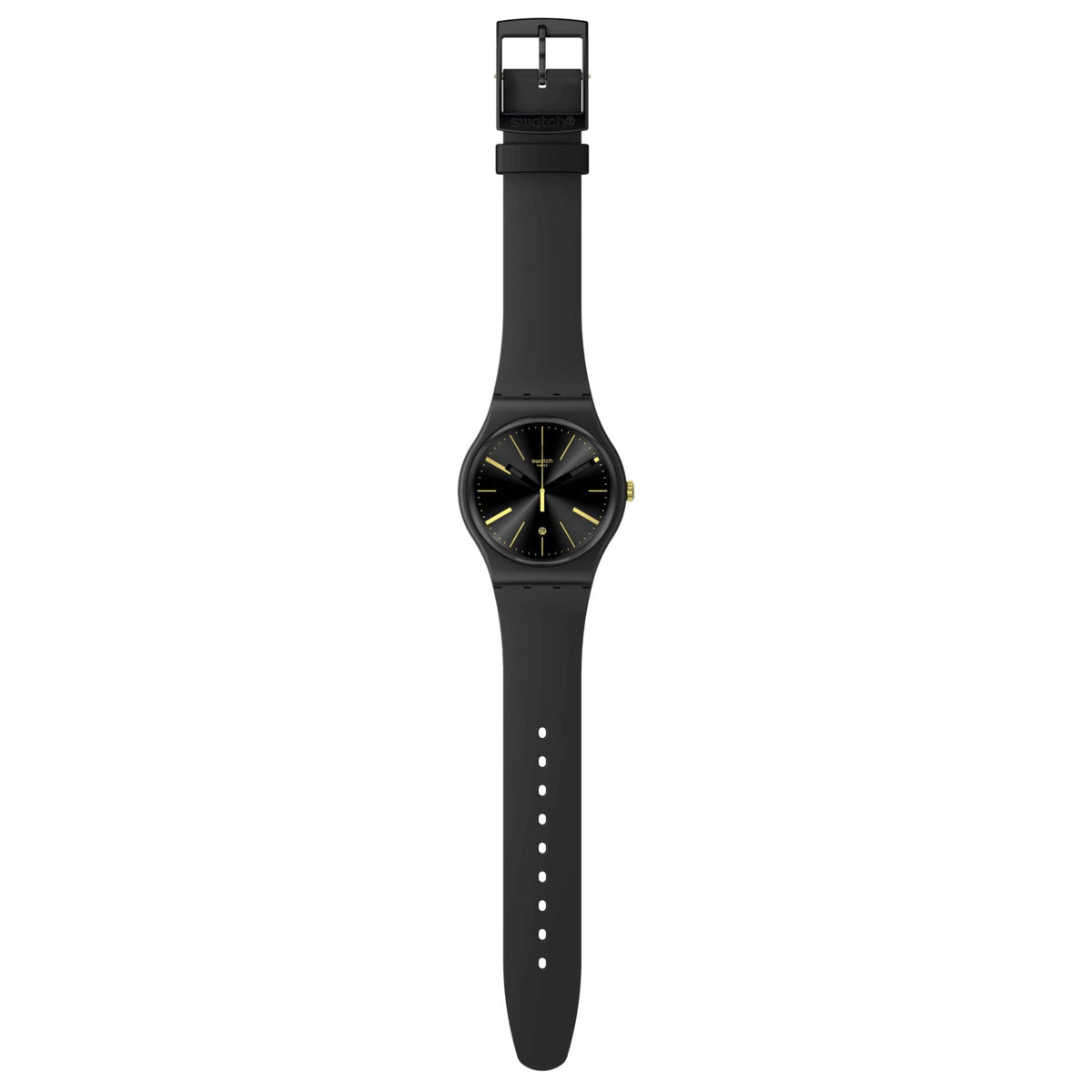 Unisex wrist watch with black silicone band and dark face; yellow-gold markers